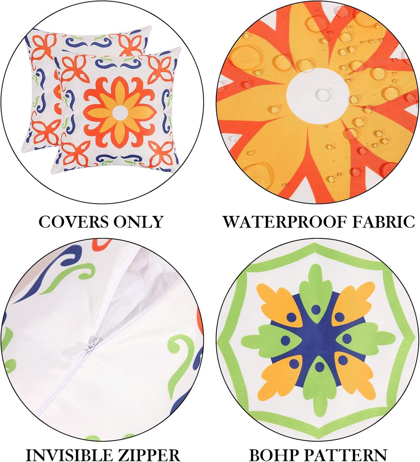 Pyonic Outdoor Waterproof Throw Pillow Covers for Patio Furniture Decorative Boho Pillow Covers 18x18 Floral Printed for Patio Tent Couch Garden Set of 4,Orange