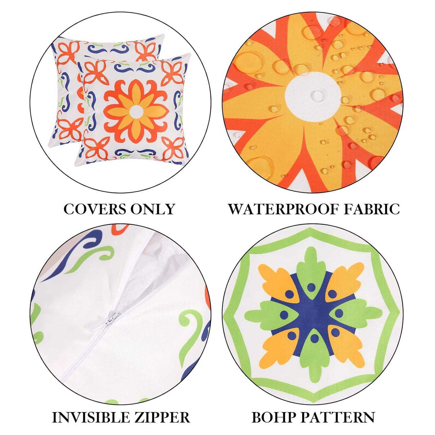 Pyonic Outdoor Waterproof Throw Pillow Covers for Patio Furniture Decorative Boho Pillow Covers 18x18 Floral Printed for Patio Tent Couch Garden Set of 4,Orange