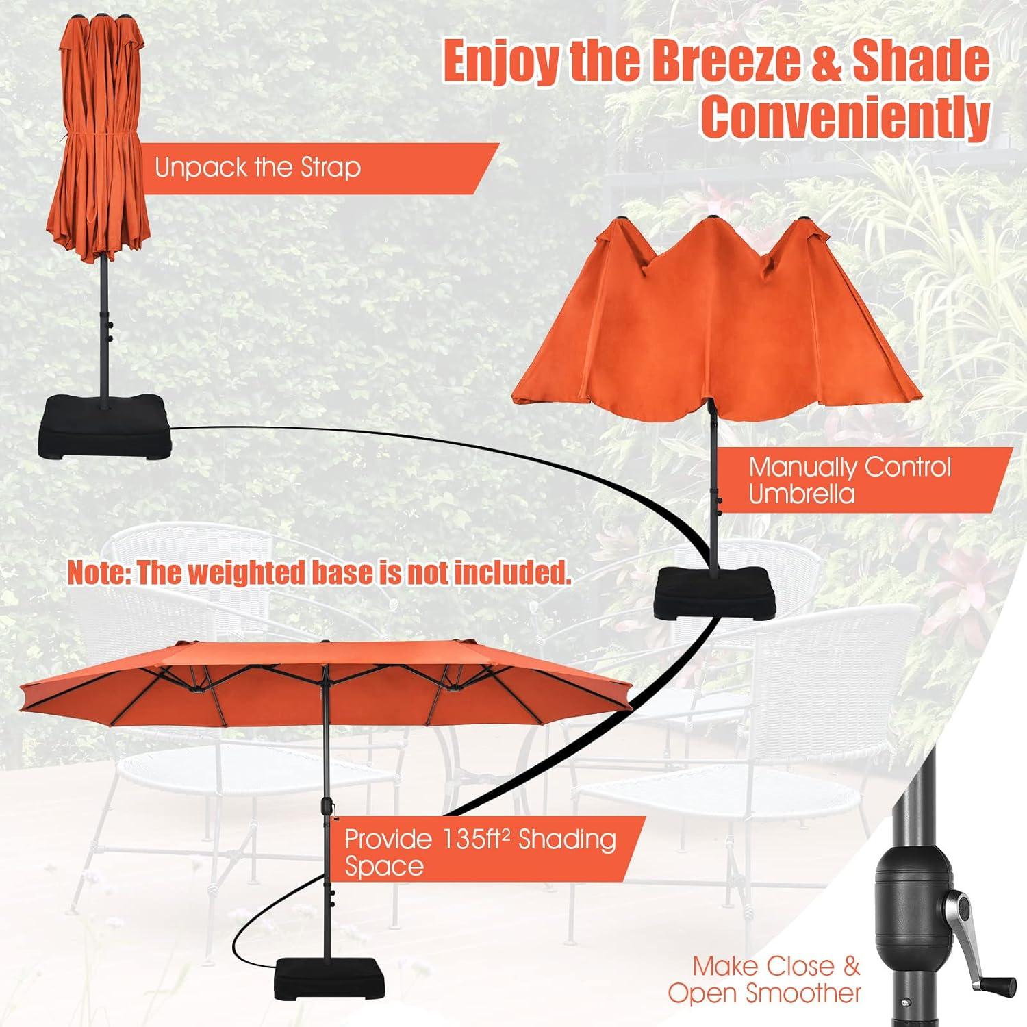 15 Ft Orange Double-Sided Patio Umbrella with Hand-Crank