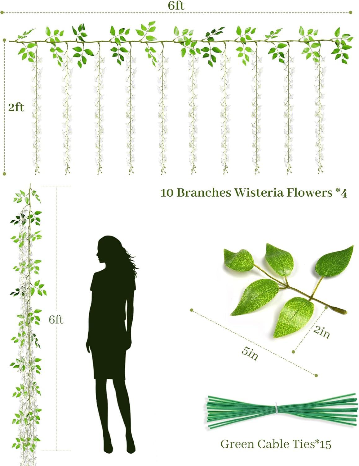 JACKYLED 40 Branches Wisteria Hanging Flowers 6 Feet Artificial White Vine Silk Wisteria Flowers Garland for Wedding Arch Party Garden Home Decor (4 Packs)