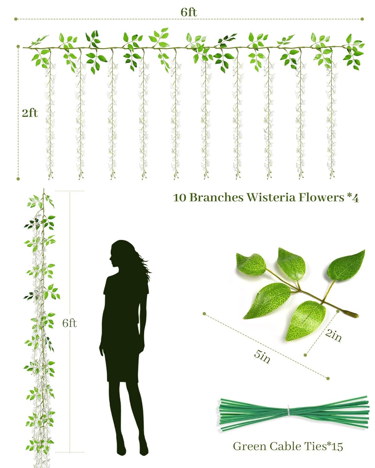 JACKYLED 40 Branches Wisteria Hanging Flowers 6 Feet Artificial White Vine Silk Wisteria Flowers Garland for Wedding Arch Party Garden Home Decor (4 Packs)