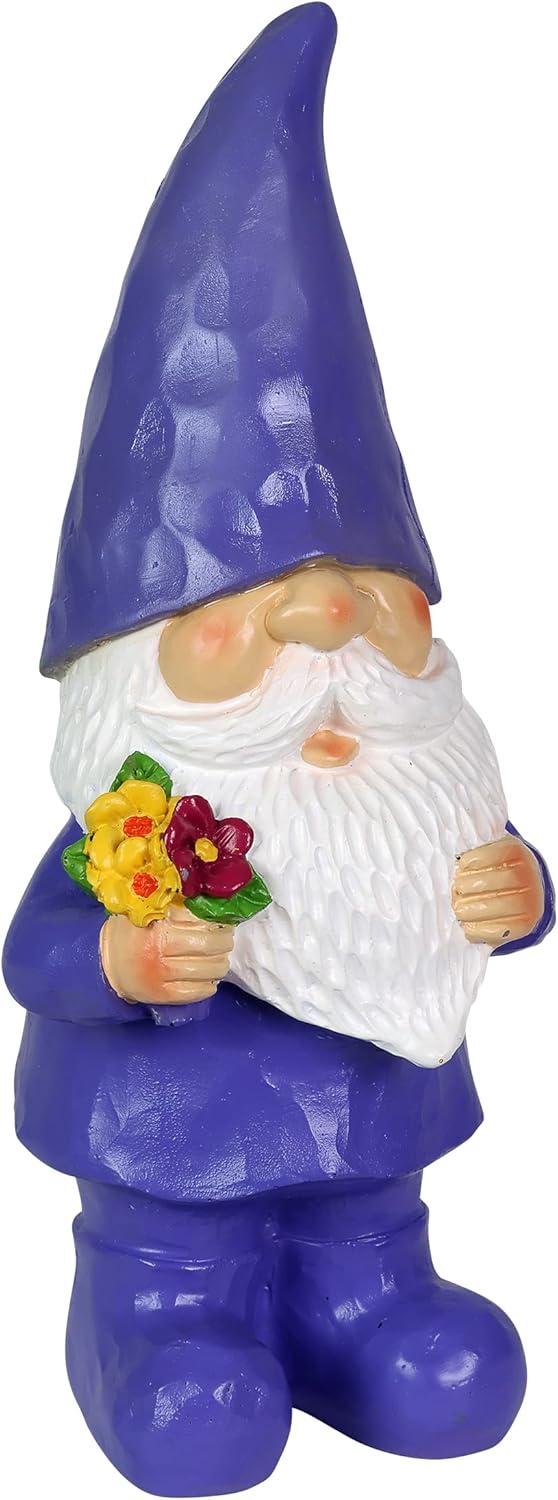 Exhart Solar Woodland Garden Gnome with Flower Bouquet Statuary, 11 Inch