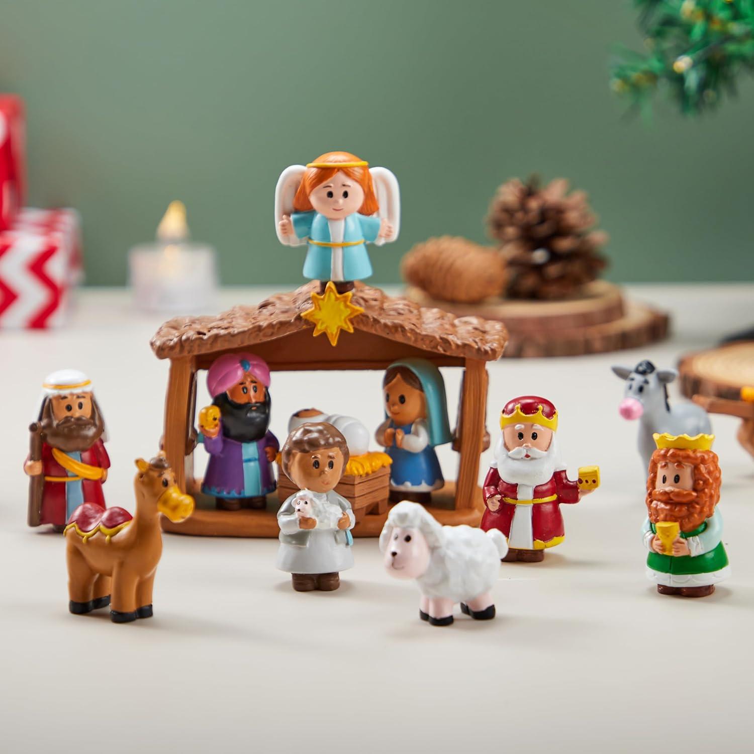 SYNCFUN 14 Pcs Little Nativity Playset Christmas Nativity Scene Holiday Family Gift Reenact Miniature Toys Manger Scene for Kids Xmas Decorations