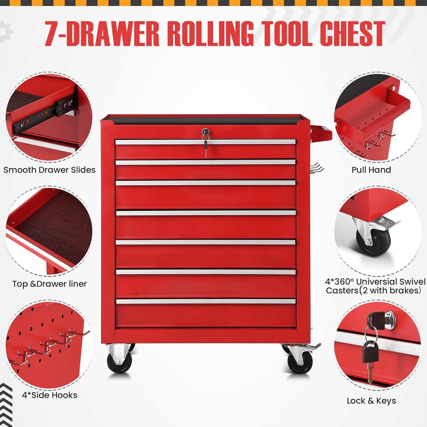 Rolling Tool Chest with 7-Drawer, Tool Box with Wheels and Keyed Locking, Multifunctional Tool Cart , Mechanic Tool Storage Organizer for Garage, Warehouse, Workshop, Repair Shop