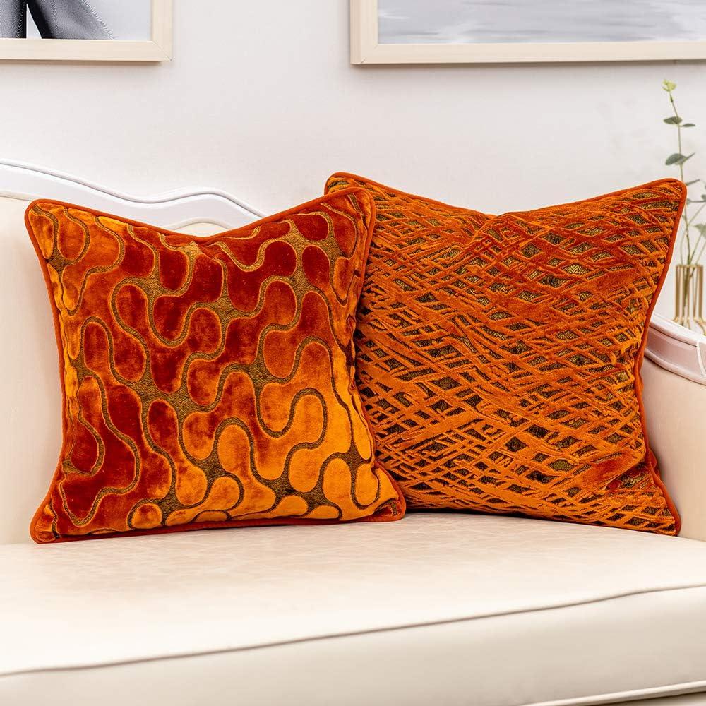 Orange Velvet Wavy Pattern Square Pillow Cover, 20 x 20 Inch