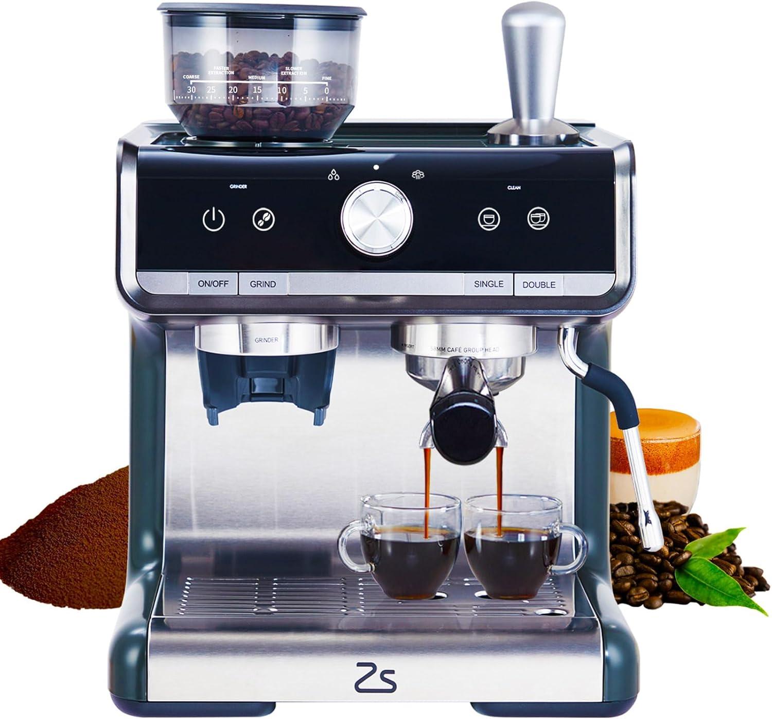 Stainless Steel Semi-Automatic Espresso Machine with Grinder and Steam Wand