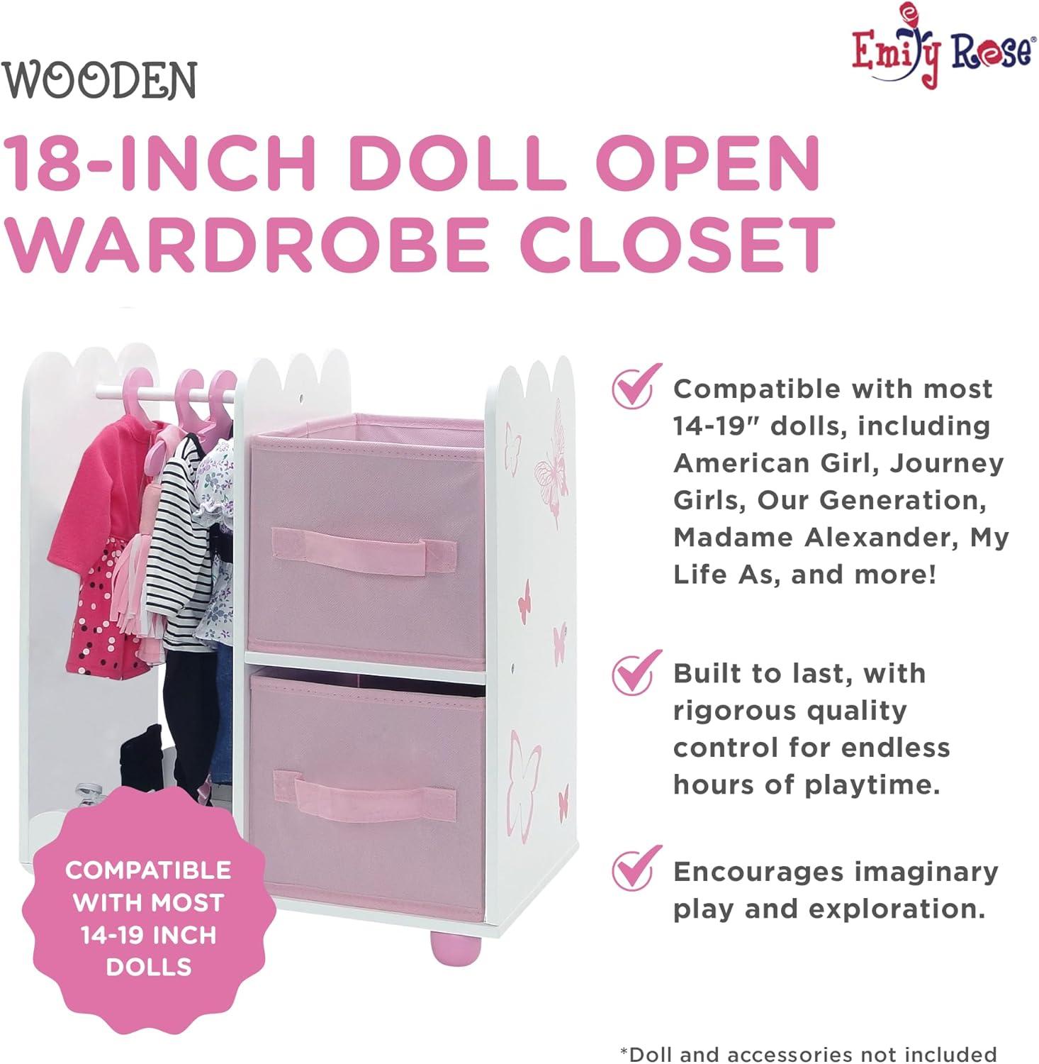 Emily Rose 18 inch Doll Clothes Storage Closet Open Wardrobe 18" Doll Furniture - Butterfly | Includes 5 Doll Clothes Hangers | Perfect for Storage of 18" Doll Clothes or Small Pet Clothes