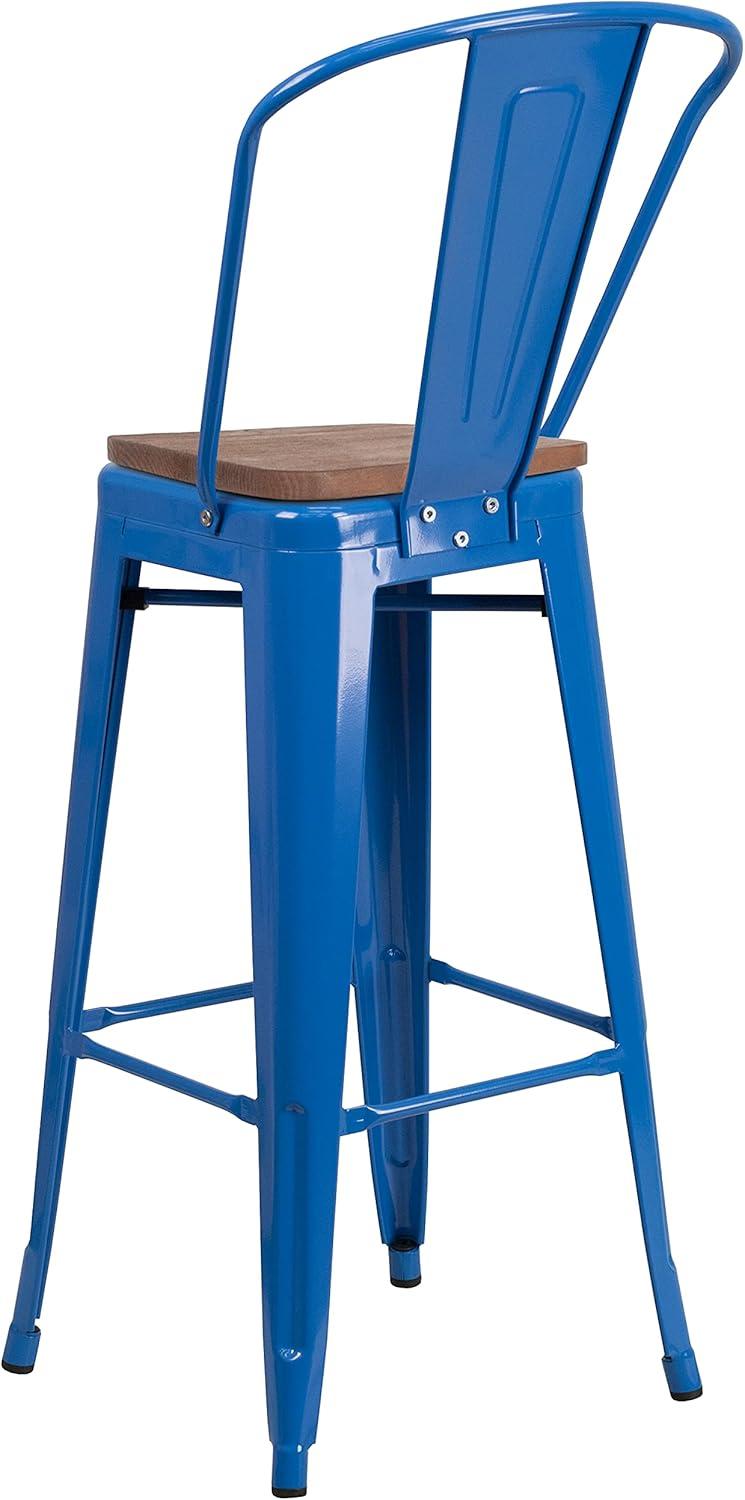 Emma and Oliver 30"H Blue Metal Barstool with Back and Wood Seat
