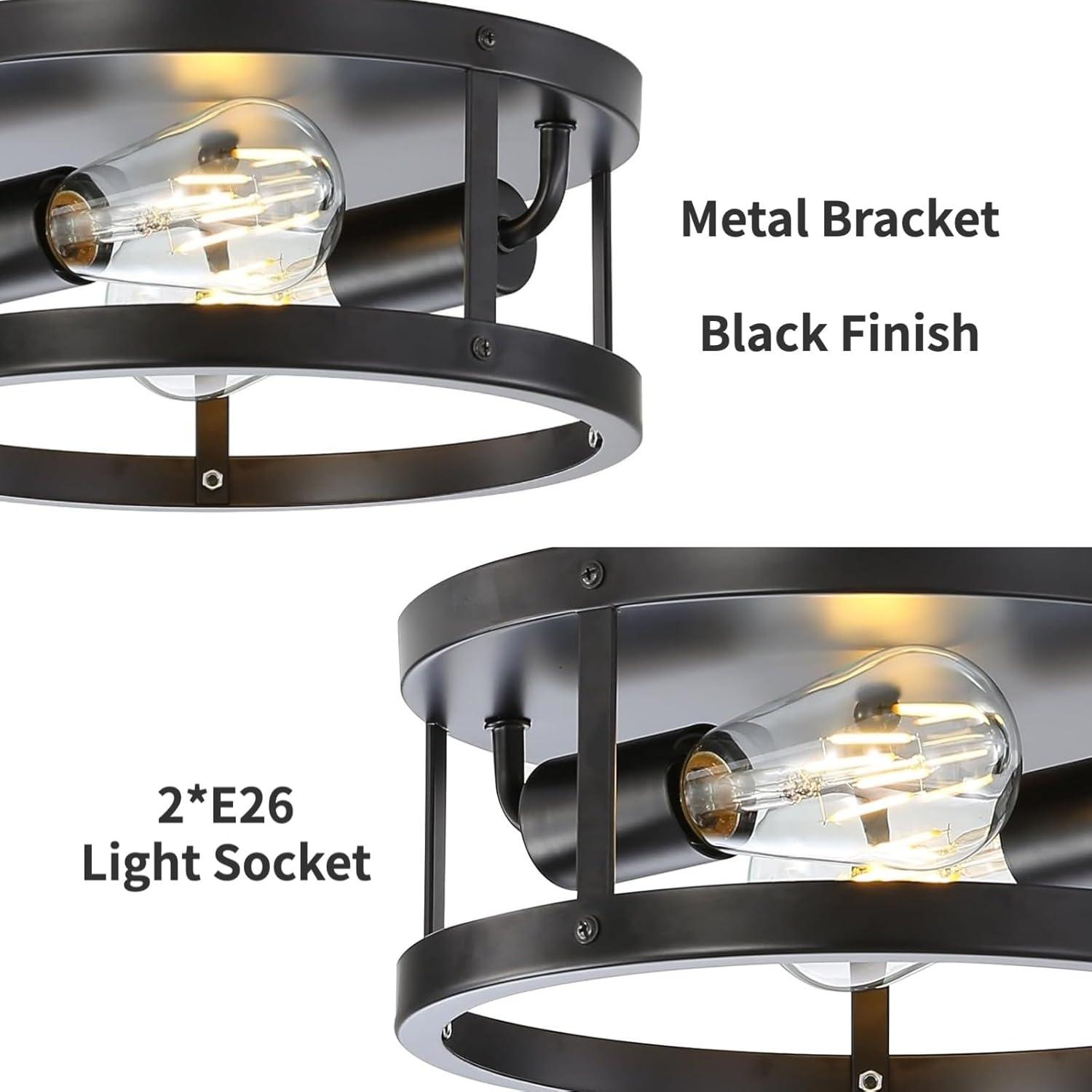 2-Light Industrial Flush Mount Ceiling Light Fixture,Black Farmhouse Ceiling Light Fixture,Modern Flush Mount Light Fixture for Kitchen Bedroom Living Room Hallway 2 Pack
