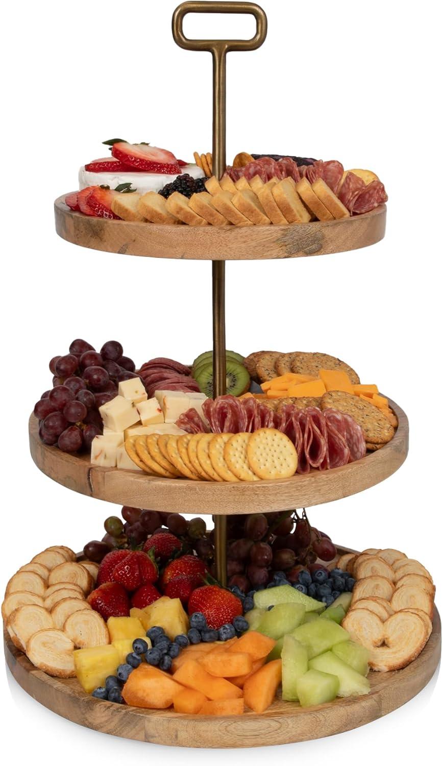 Millwood Pines Tapas 3-Tiered Serving Tray, Mango wood Cupcake Stand, Wooden Cheese Board Darfasha