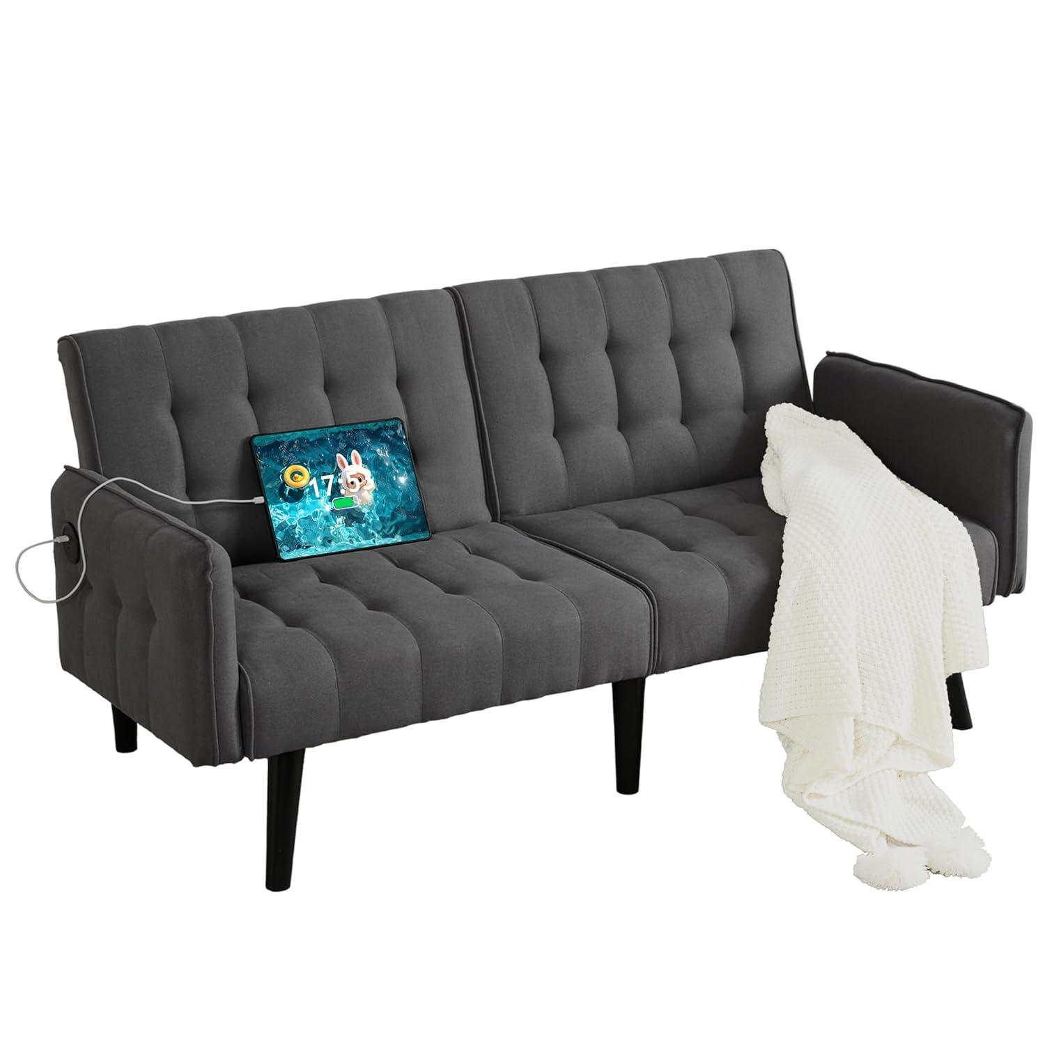 TYBOATLE 65“ Convertible Futon Sofa Bed w/ 2 USB, Upholstered Tufted Small Adjustable Folding Couch Loveseat, Modern Mid Century Sleeper Sofa for Living Room, Bedroom, Apartment, Office (Dark Grey)