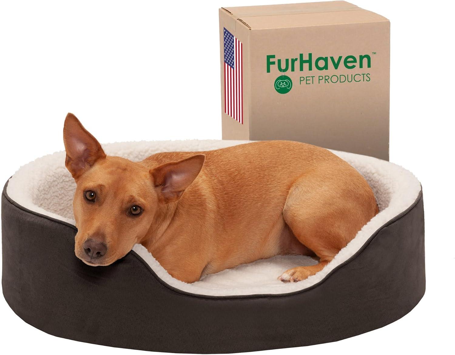 FurHaven Faux Sherpa & Suede Oval Dog Bed