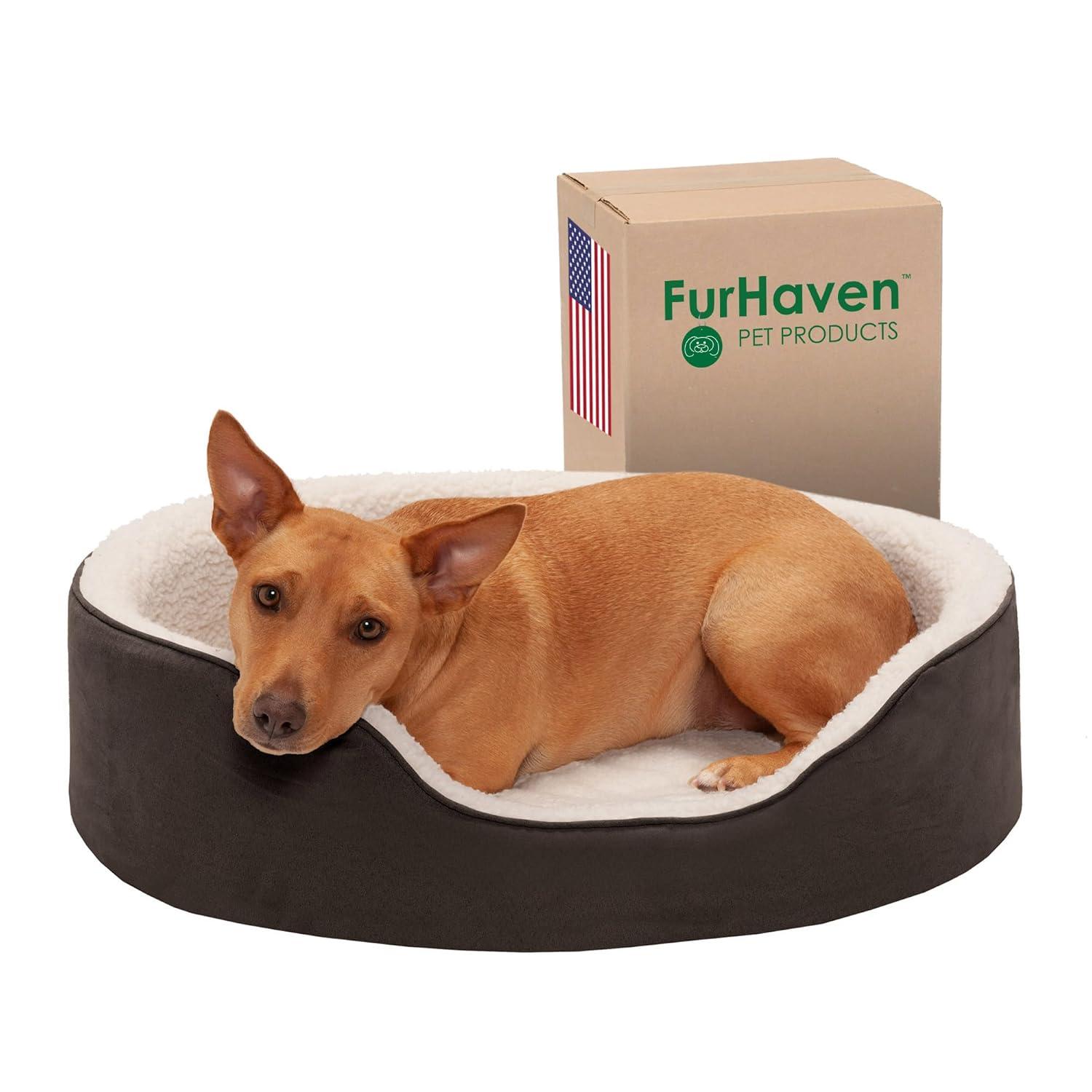 FurHaven Faux Sherpa & Suede Oval Dog Bed