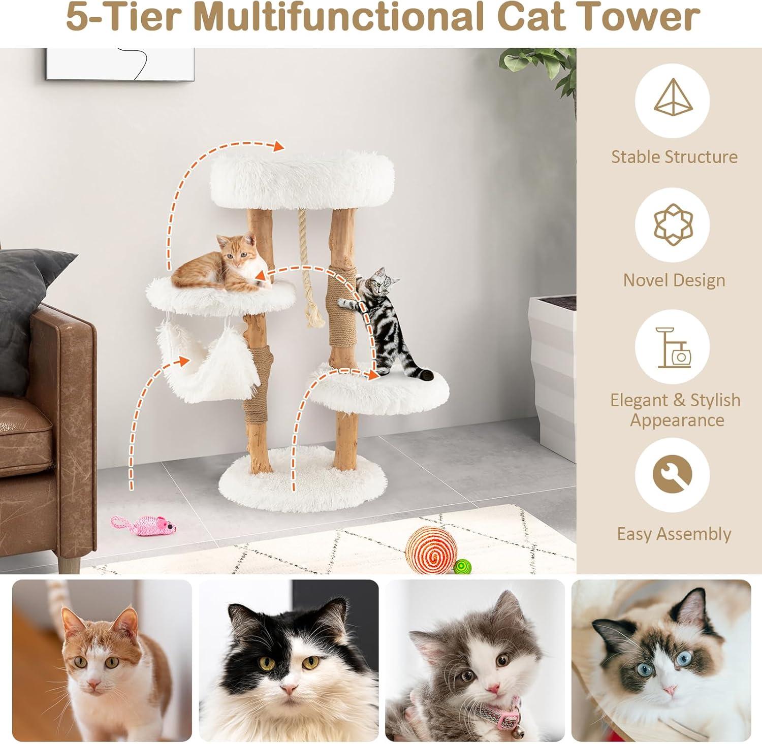 Tangkula 34" Tall Wooden Cat Tree Solid Wood Cat Tower with Jute Scratching Posts