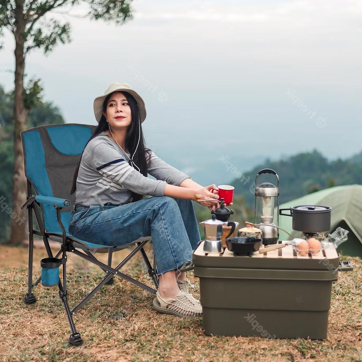 Luxury Heated Portable Camp Chair - Blue/Grey - Great for Camping, Sports and the Beach