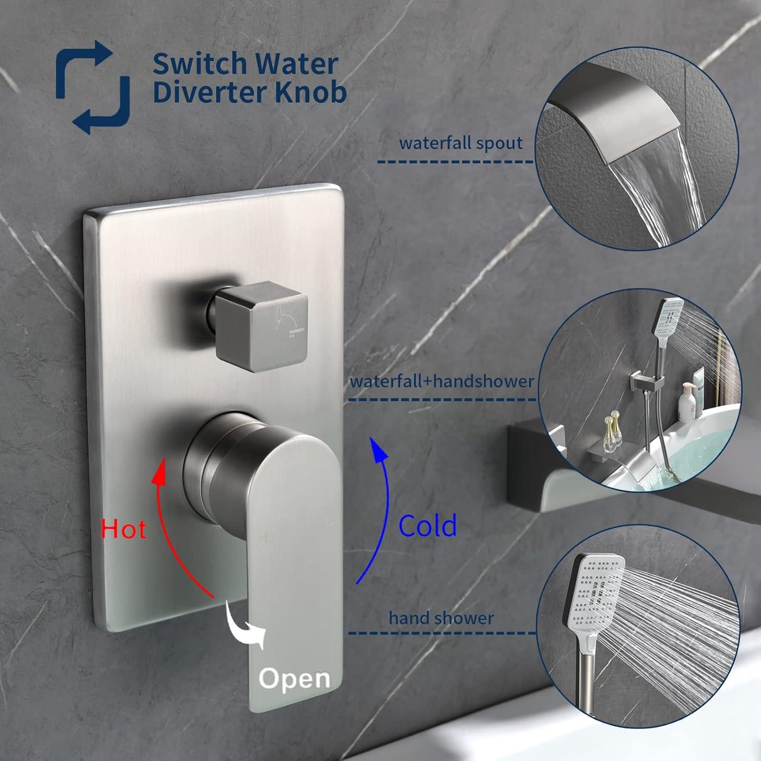 Tub Filler Faucet with Hand Shower Bath Tub Faucets with Rough-in Valve Trim Kit Wall Mounted Waterfall Bathtub Faucets Brushed Nickel