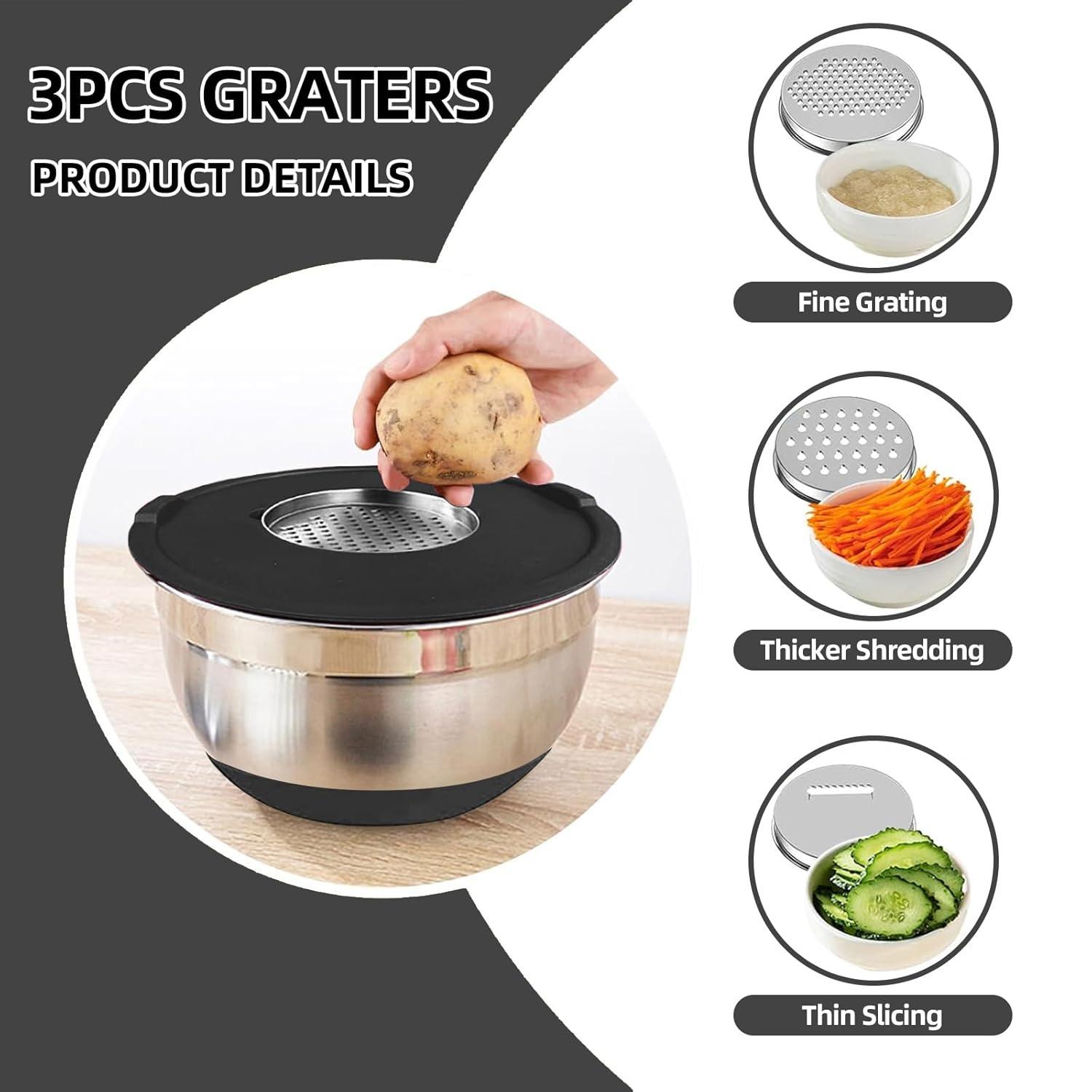 6-Piece Black Stainless Steel Mixing Bowl Set with Lids and Graters