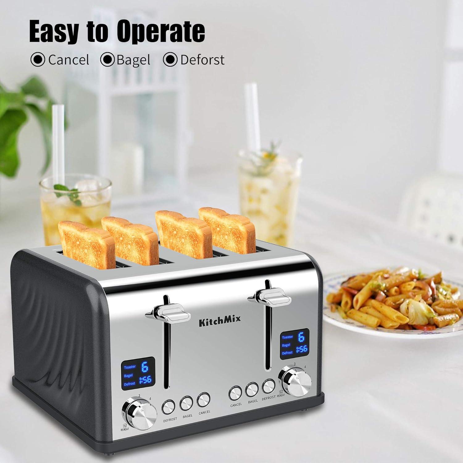 Modern Stainless Steel 4-Slice Toaster with LCD Display and Wide Slots