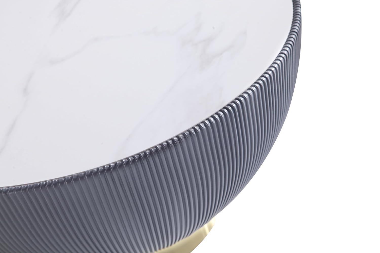 Manhattan Comfort 3pc Anderson Leatherette Upholstered Coffee Table and End Table Set: Gold Metal Finish, Round Shape