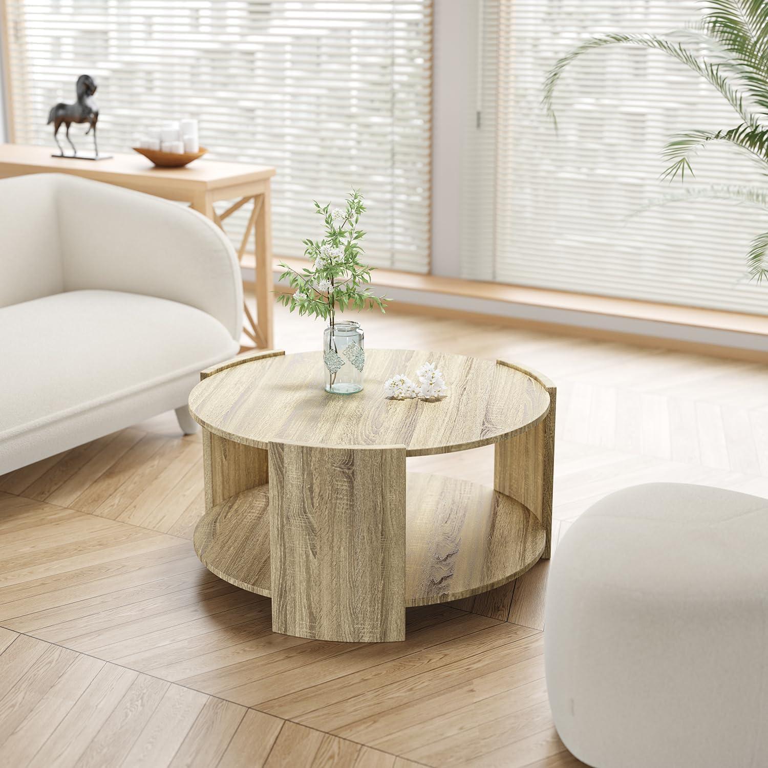 Ebern Designs Michaelee Round Coffee Table, 36" Rustic Modern Circle Coffee Tables with 2 Tier Storage Shelf, Cocktail Table for Living Room Apartment