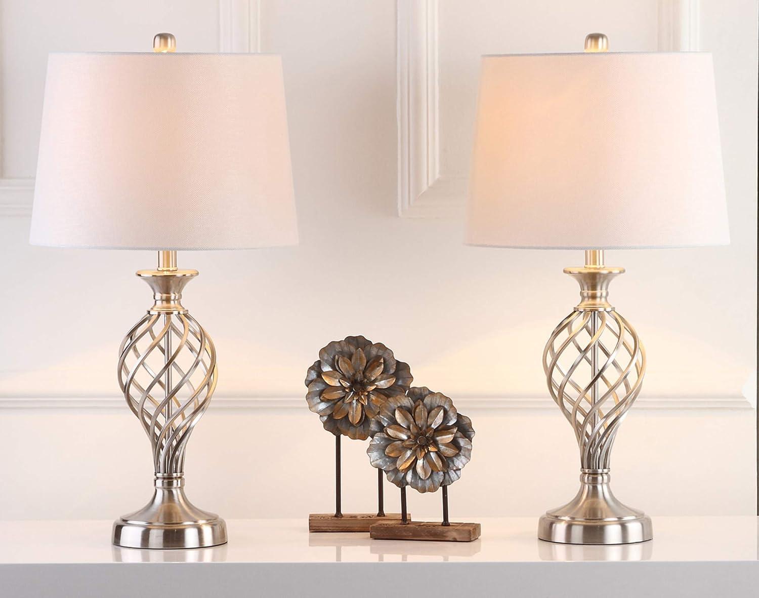 SAFAVIEH Lattice 26.75 in. H Solid Urn Table Lamp, Nickel, Set of 2