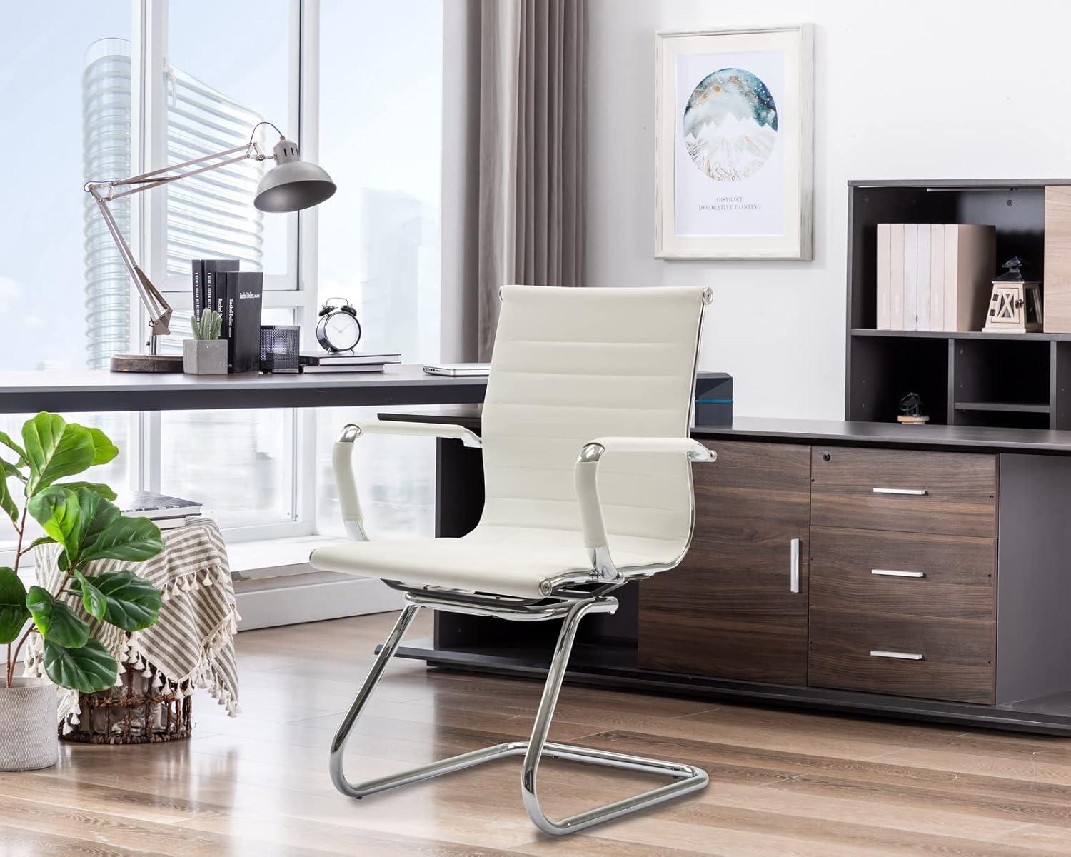 Guyou Modern Mid Back Office Guest Chair Set of 2, Faux Leather Reception Chair Computer Chair with Armrests and Metal Sled Base for Meeting/Waiting/Conference Room, No Wheels, White