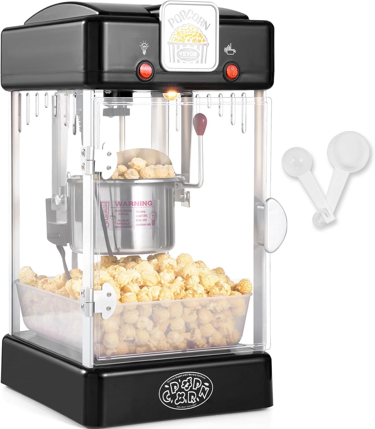 VEVOR Popcorn Maker, 300W Popcorn Popper Machine, 2.5 Oz Kettle Makes 4 QT per Batch, Tabletop Popcorn Maker with PP Door, Includes 2 Scoops and Tray, Movie Theater Style, Black