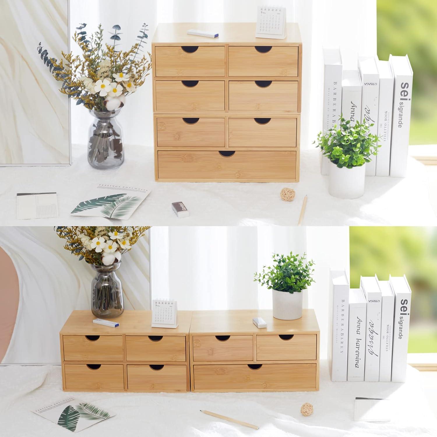 Bamboo Desk Organizer with 3 Drawers, Countertop Organizer with Drawers Makeup Storage Drawer 3 Drawers Tabletop Storage Organization Box Home Office Workspace
