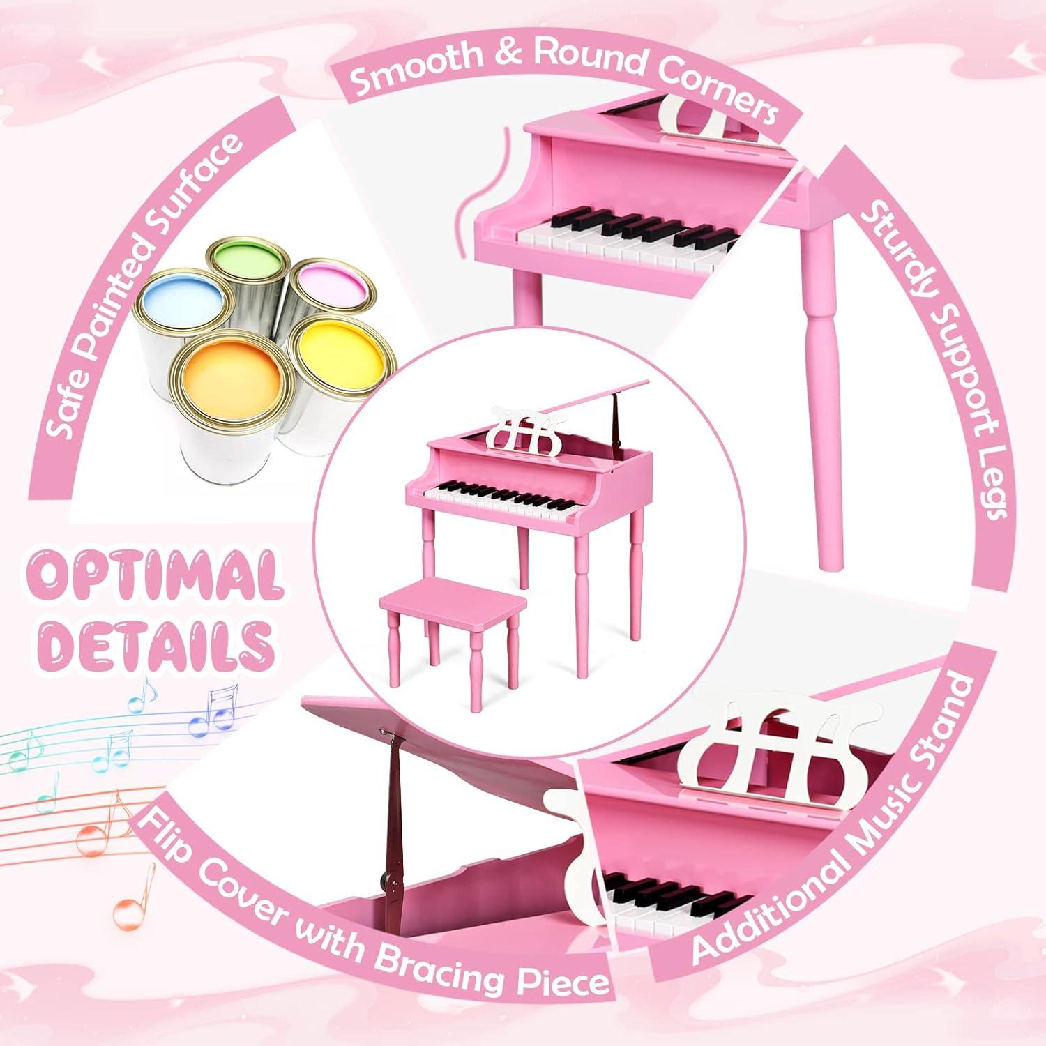 Costway 30-Key Classic Baby Grand Piano Toddler Toy Wood w/ Bench & Music Rack Pink
