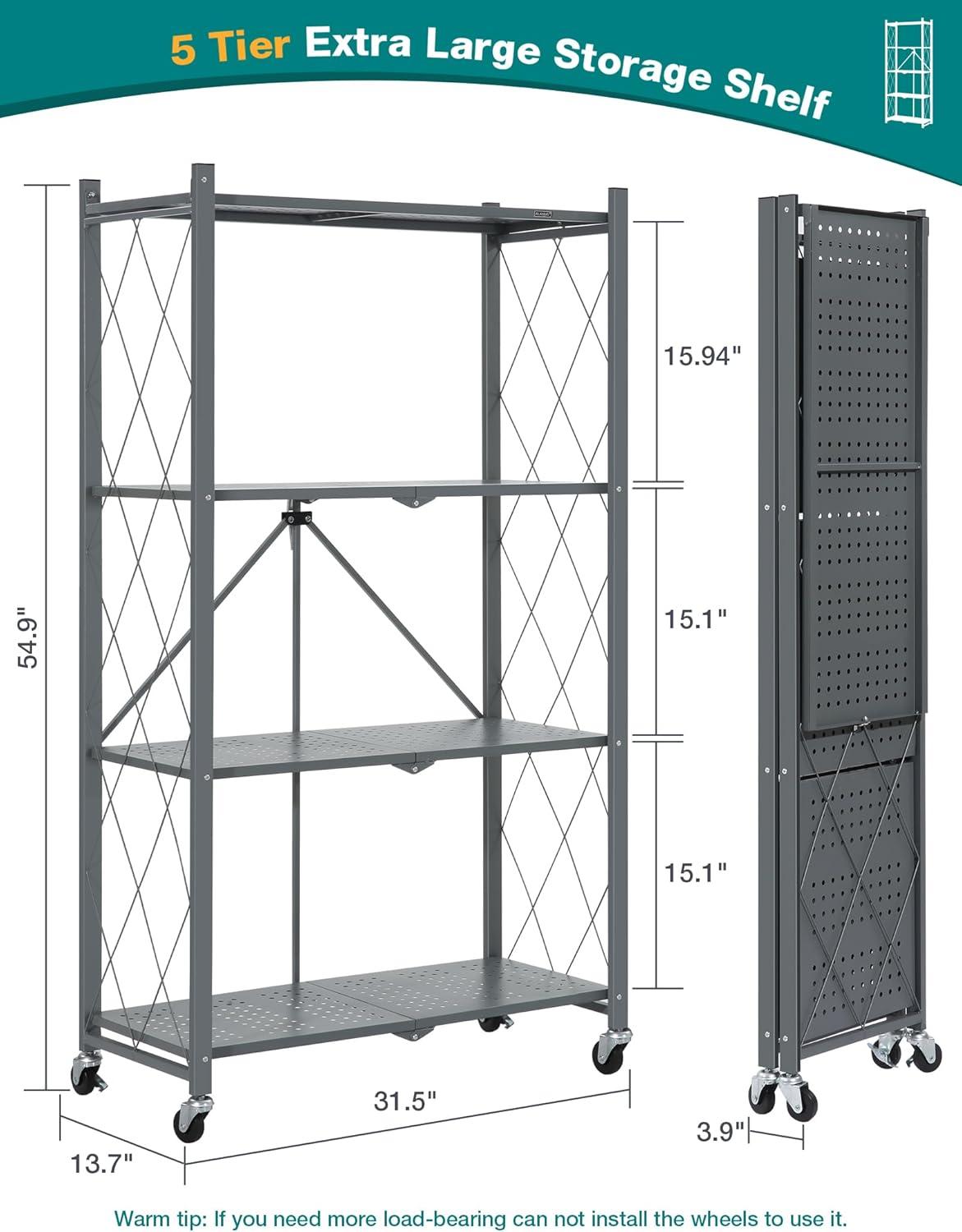 3-Tier Storage Shelves with Wheels, Folding Bookshelf No Assembly, Metal Display Shelf for Balcony, Kitchen, Basement, Pantry, White
