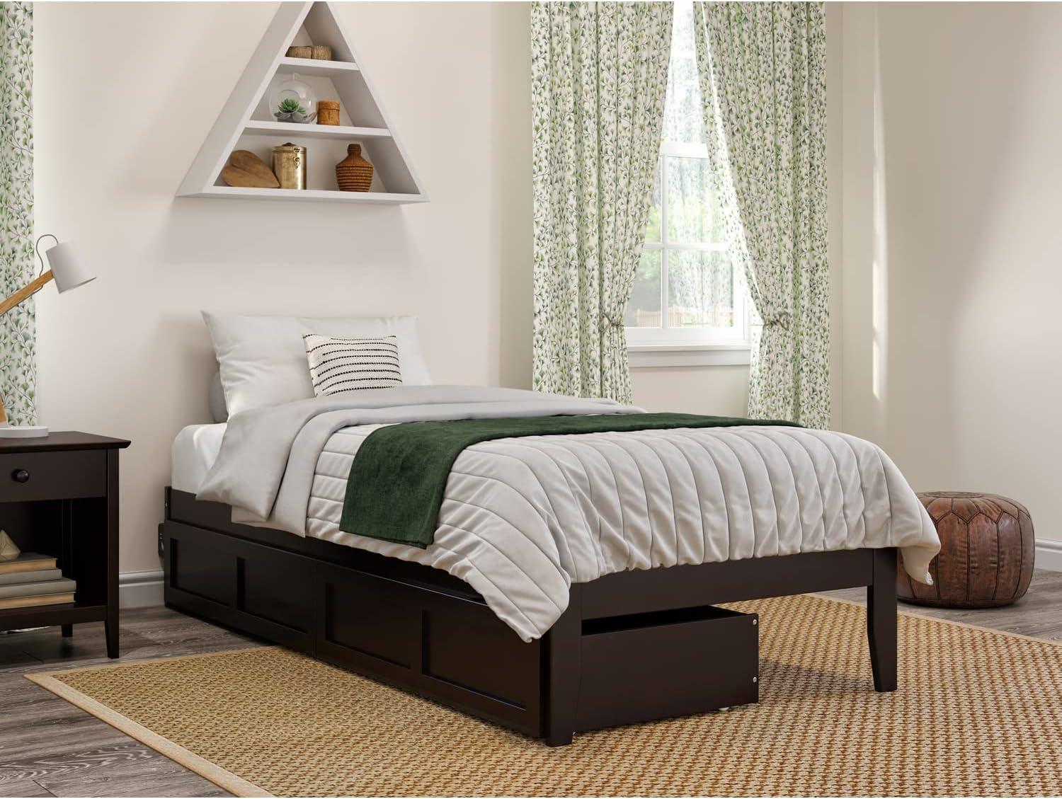 Symmetrical Twin XL Espresso Wood Bed with Storage Drawers