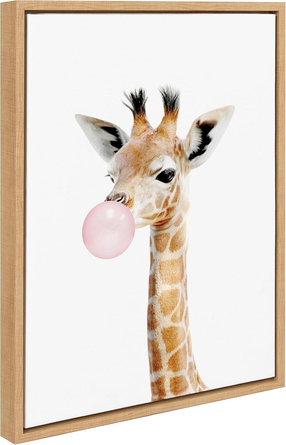 Natural Framed Canvas Wall Art with Bubble Gum Giraffe, 18x24