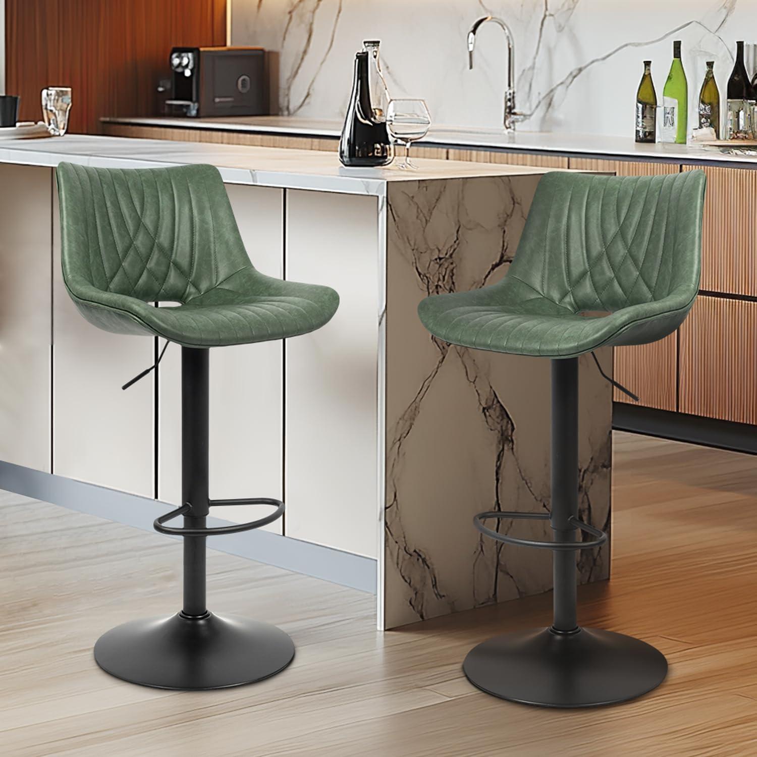 Restworld Set of 2 Modern Adjustable Bar Stools,Faux Leather Swivel Counter Stools with Sturdy Large Base, Ideal for Kitchen and Dining Areas,Green