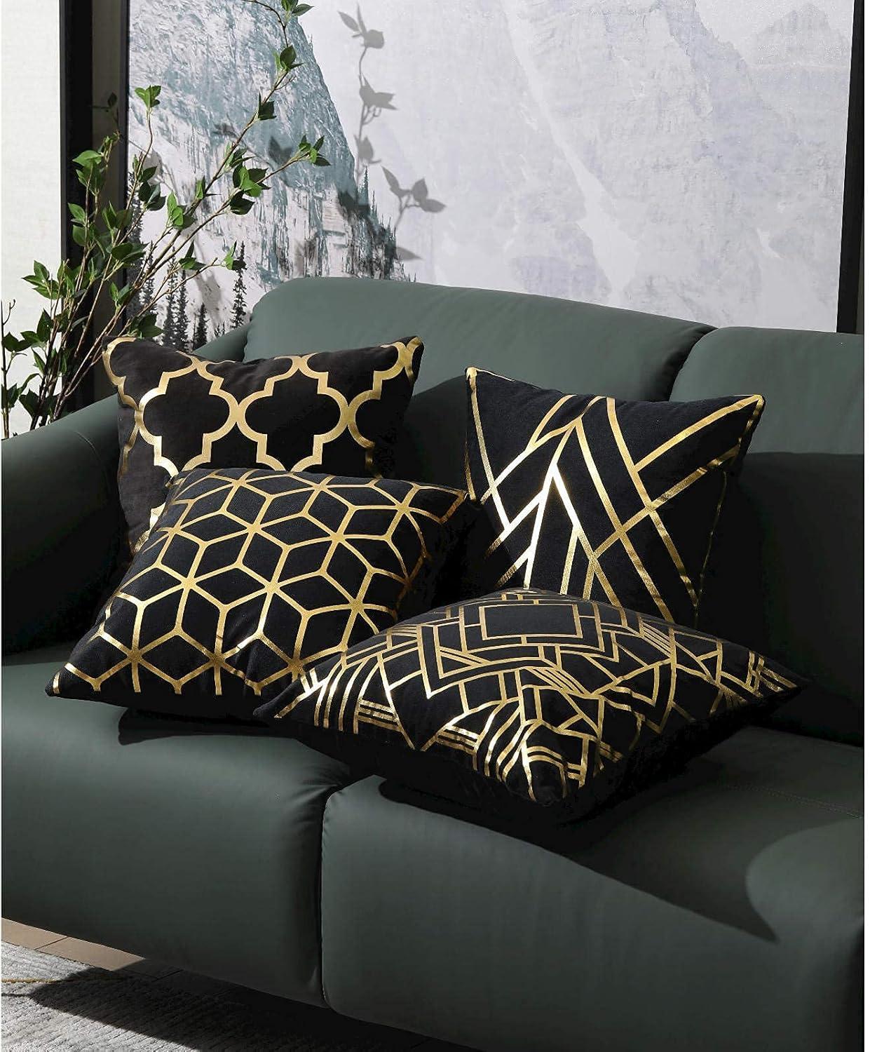 Efavormart Set Of 4 | 18" Black/Gold Foil Geometric Print Throw Pillow Covers, Velvet Square Sofa Cushion Covers