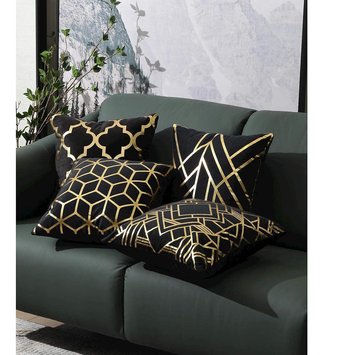 Efavormart Set Of 4 | 18" Black/Gold Foil Geometric Print Throw Pillow Covers, Velvet Square Sofa Cushion Covers