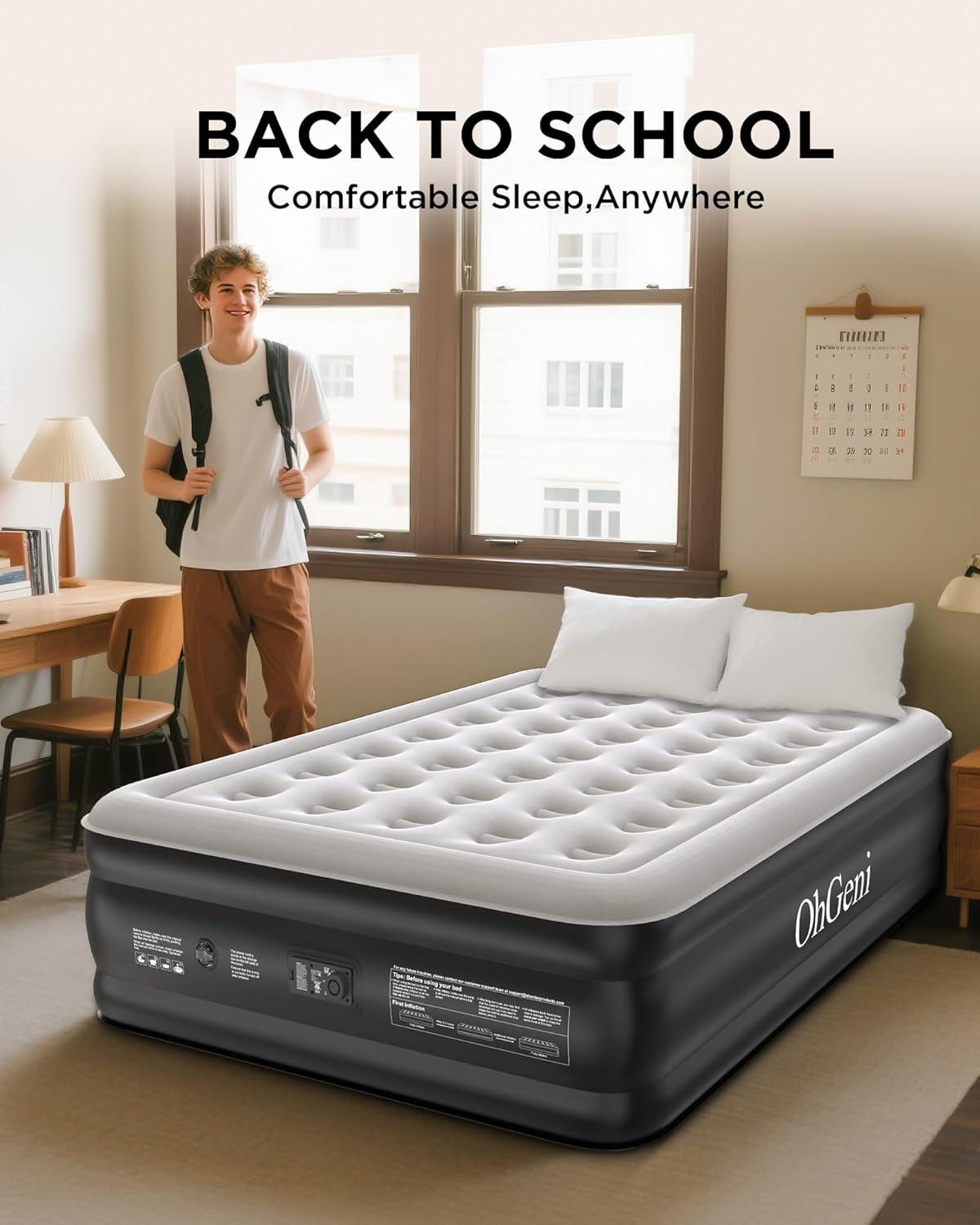 OhGeni Queen Raised Black PVC Air Mattress with Pump