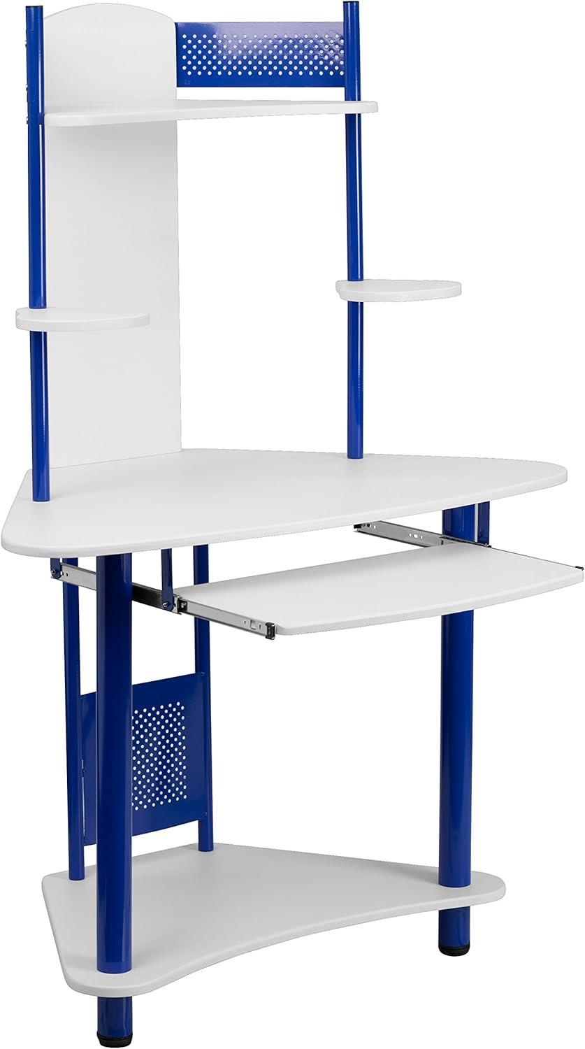 Compact Blue and White Corner Computer Desk with Integrated Hutch