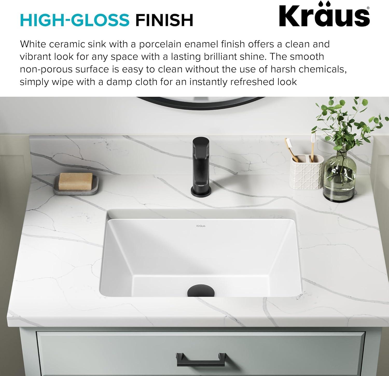 KRAUS Elavo. Rectangular Porcelain Ceramic Undermount Bathroom Sink In White With Overflow Drain, KCU-244