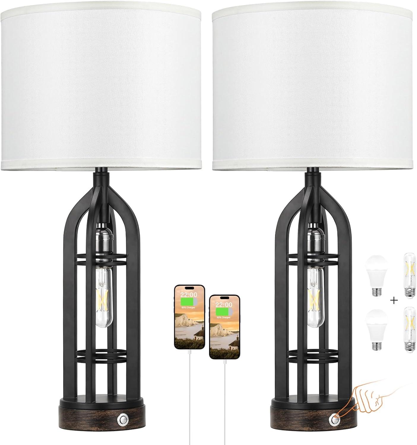 Table Lamp for Living Room - White Farmhouse Lamps for Night Stands with USB C+A, 3 Way End Table Lamps Set of 2, Vintage Bedside Lamp for End Tables, Rustic Nightstand Lamps for Bedroom