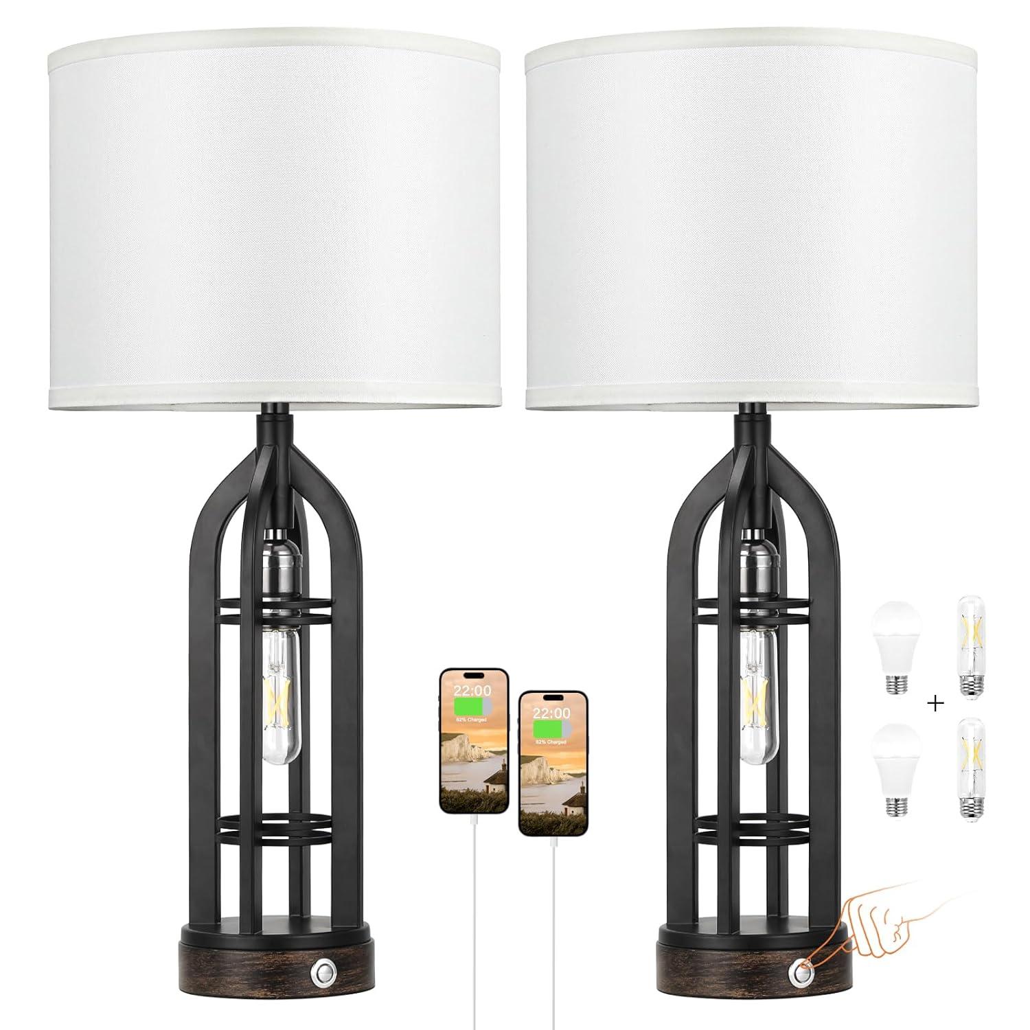 Table Lamp for Living Room - White Farmhouse Lamps for Night Stands with USB C+A, 3 Way End Table Lamps Set of 2, Vintage Bedside Lamp for End Tables, Rustic Nightstand Lamps for Bedroom