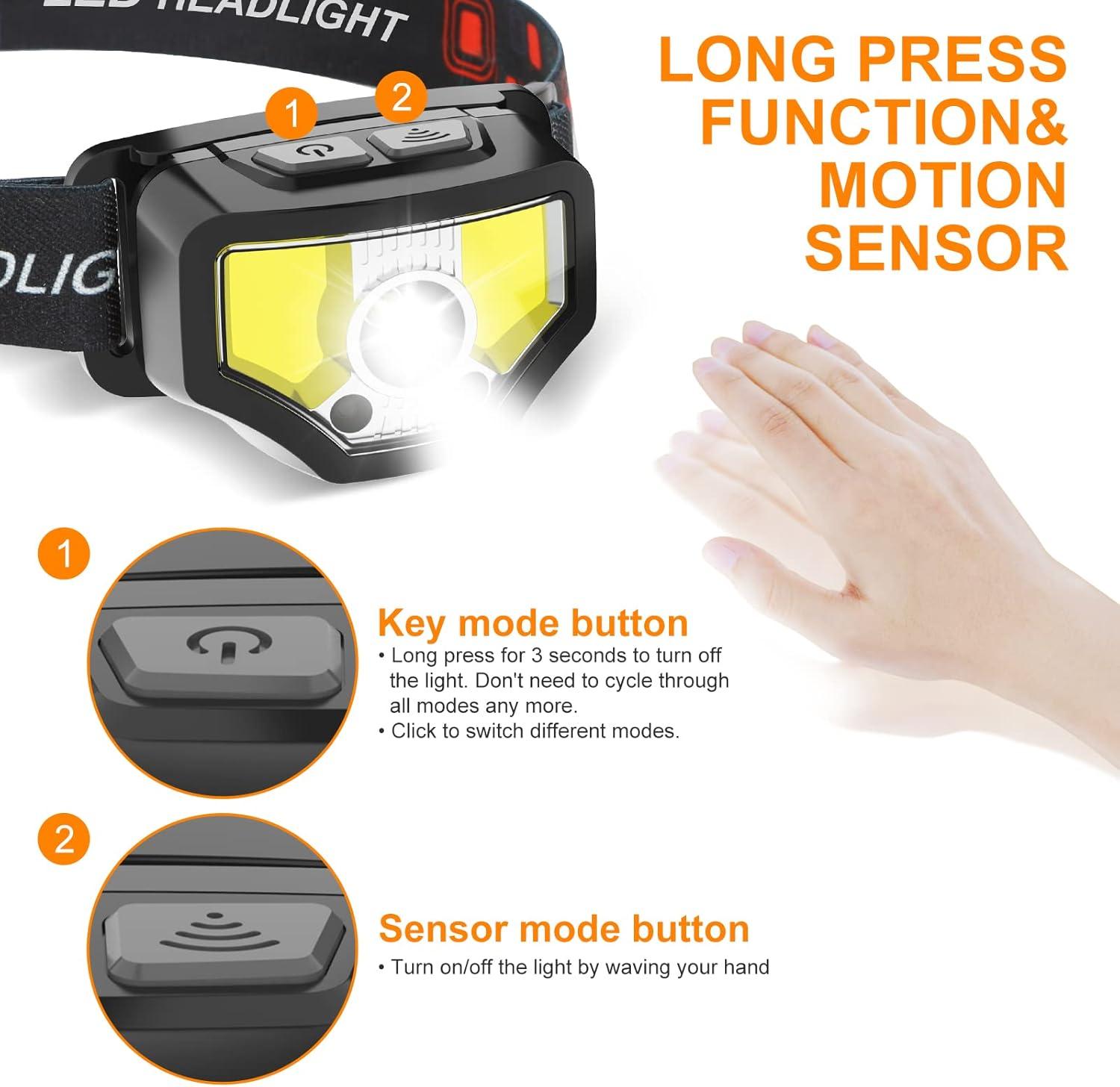 Headlamp Rechargeable, 2-Pack 1200 Lumen Super Bright with White Red LED Head Lamp Flashlight, 12 Modes, Motion Sensor, Waterproof, Outdoor Fishing Camping Running Cycling Headlight