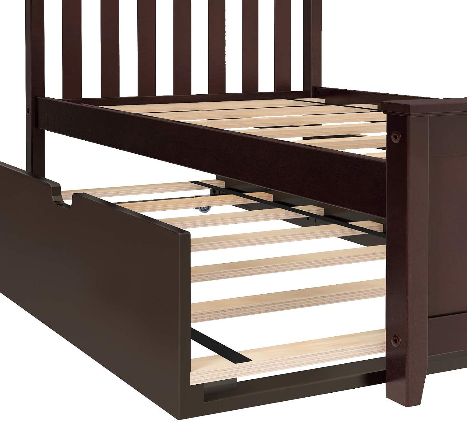 Pine Wood Twin Bed with Slatted Headboard and Trundle