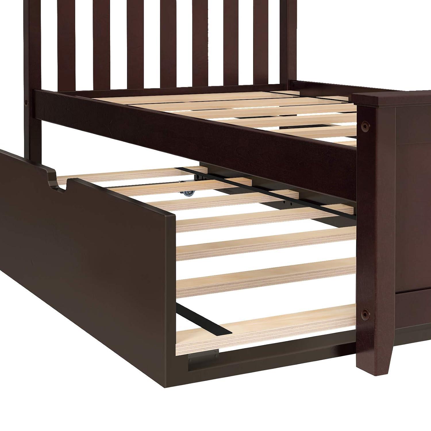 Pine Wood Twin Bed with Slatted Headboard and Trundle