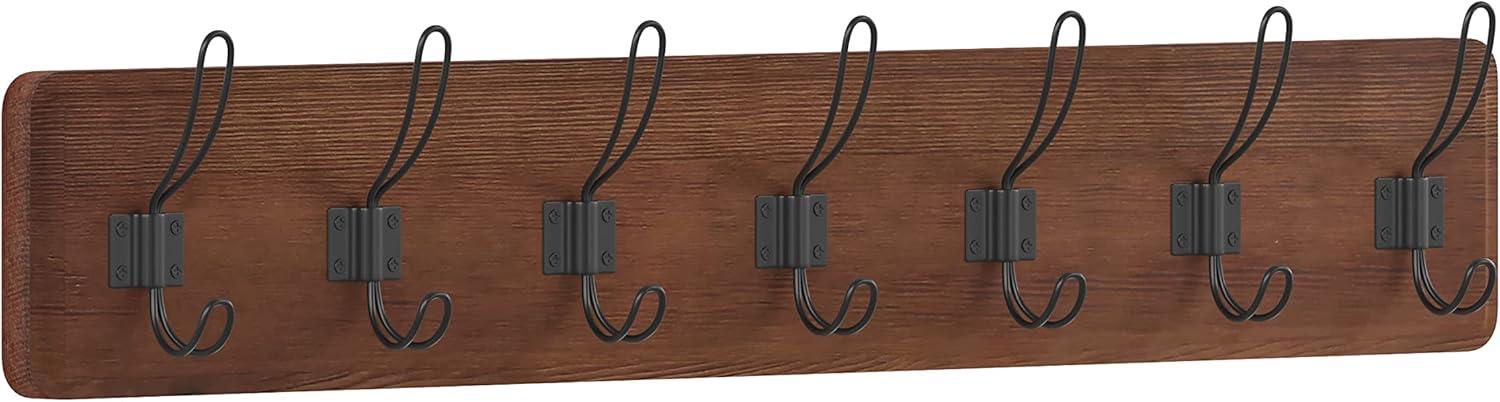 Rustic Brown Pine Wood Wall Mounted Coat Rack with 7 Hooks