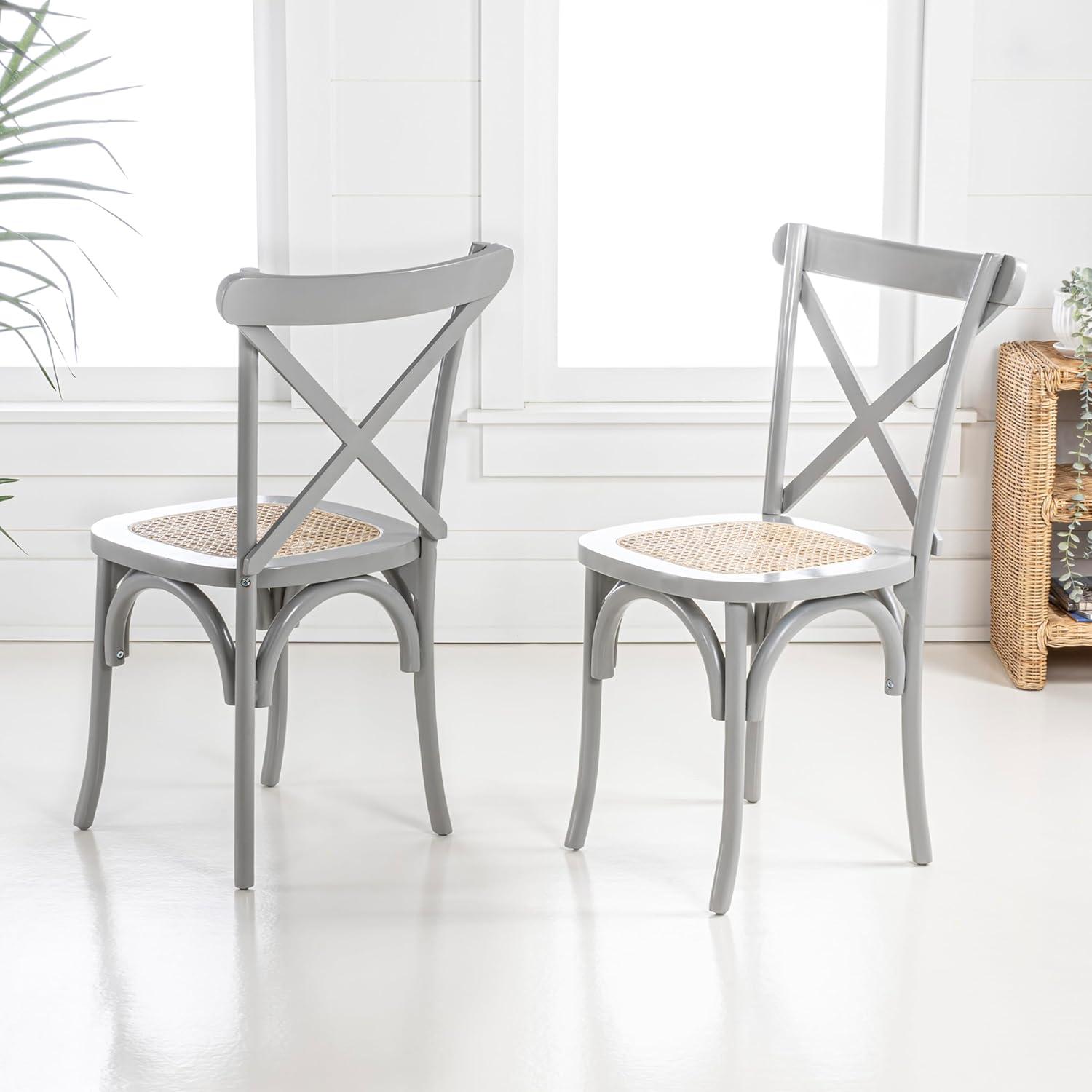 Cassis Classic Traditional X-Back Wood Rattan Dining Chair, Gray/Natural (Set of 2) - JONATHAN Y