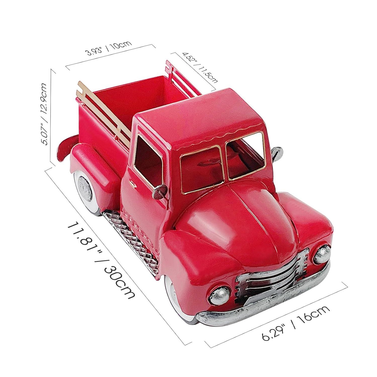 Vintage Red Metal Truck Decor, Red Truck Christmas Decor, Decorative Tabletop Storage,Farmhouse Pickup Truck Planter for Garden Home Holiday Decor