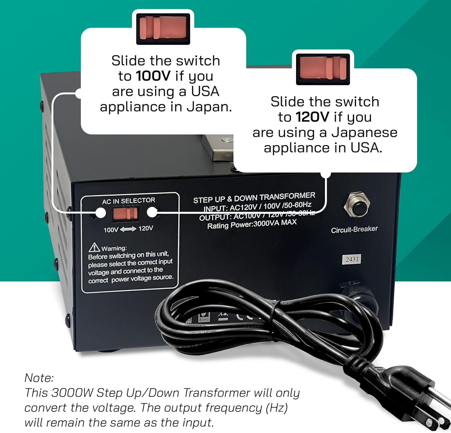 Litefuze 3000W Japan Voltage Converter Transformer - Step Up/down 100v to 120v & 120v to 100v - CE Certified with With Circuit Breaker Protection - 3-Year Warranty.(JP-3000)