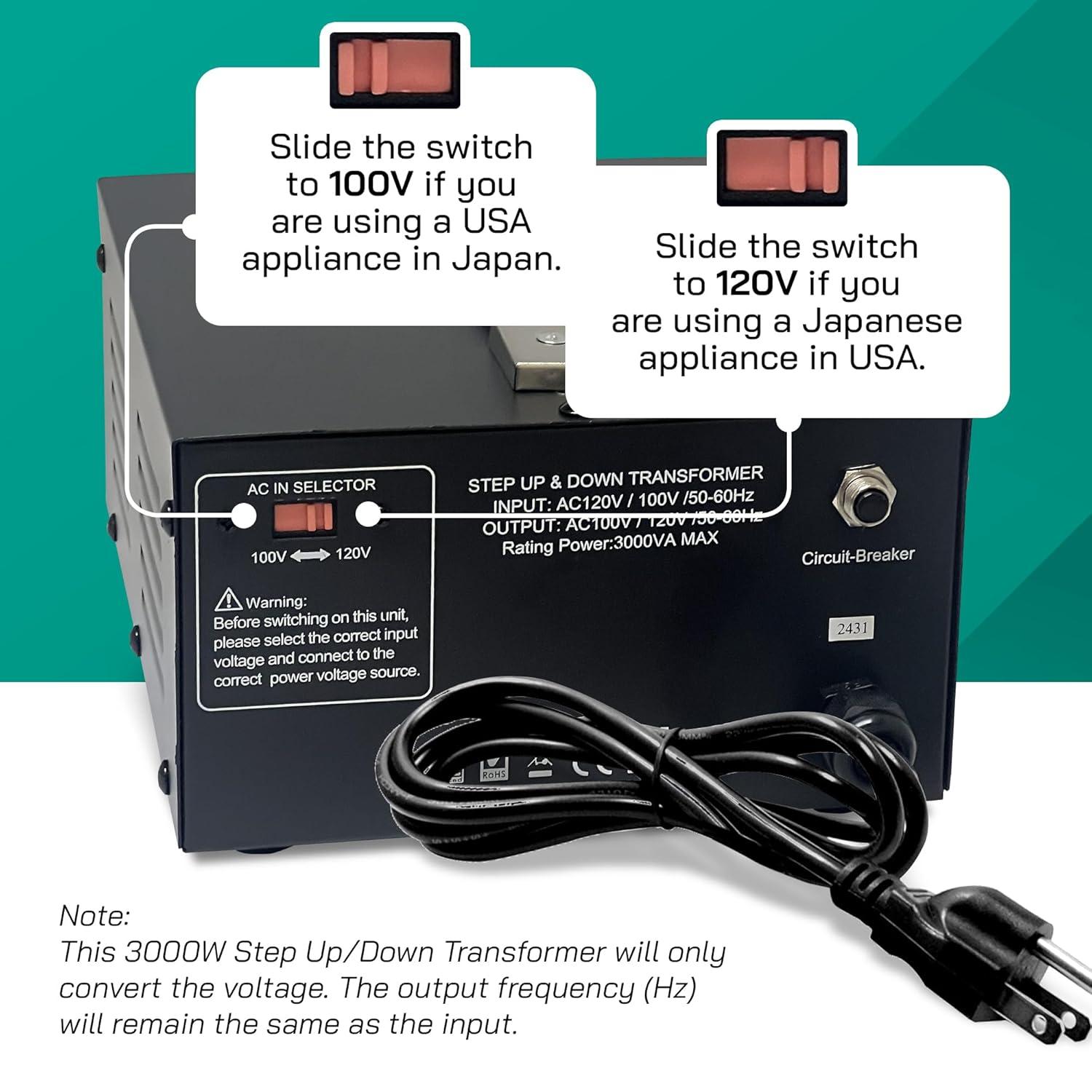 Litefuze 3000W Japan Voltage Converter Transformer - Step Up/down 100v to 120v & 120v to 100v - CE Certified with With Circuit Breaker Protection - 3-Year Warranty.(JP-3000)