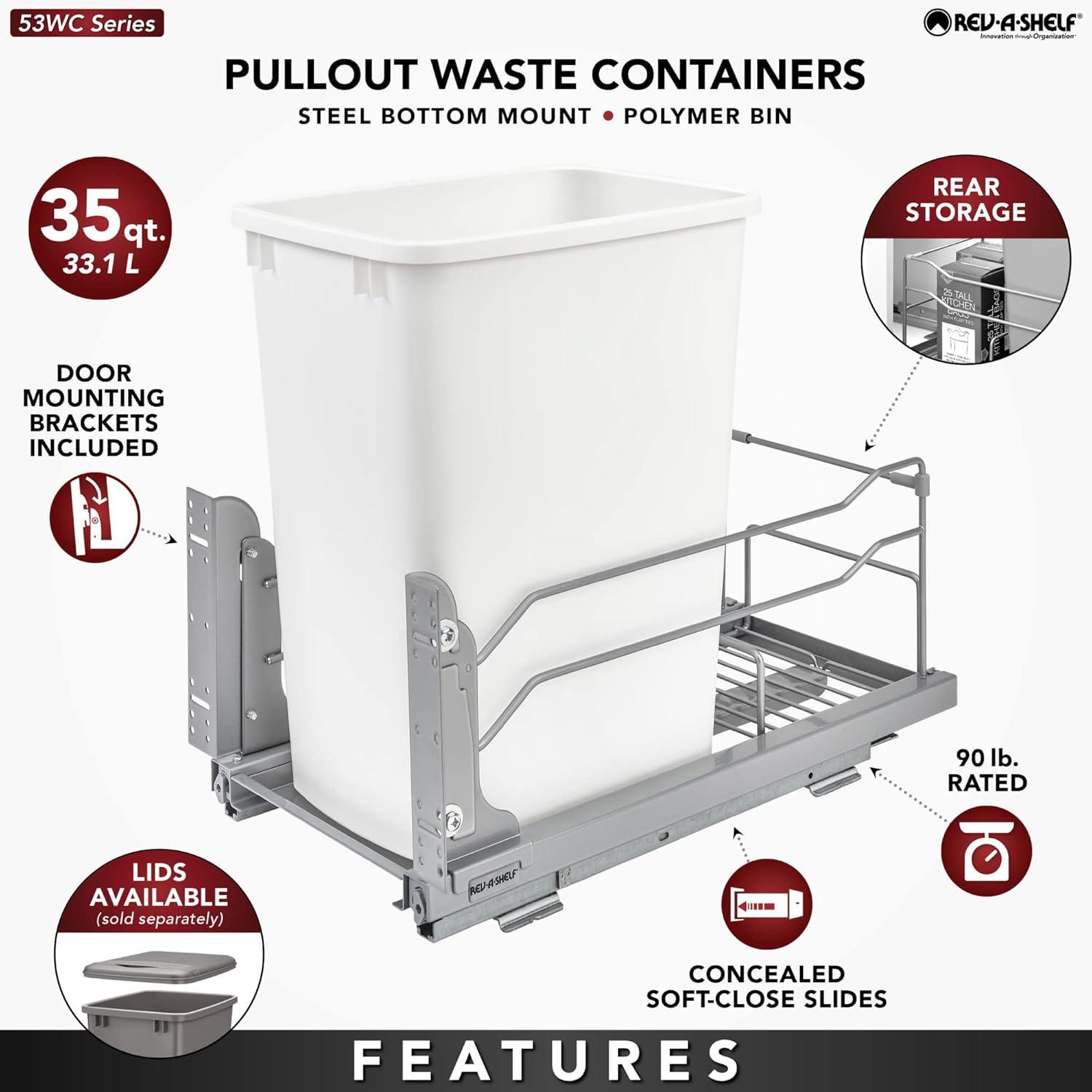 Rev-A-Shelf Pullout Trash Can for Under Kitchen Cabinets 35 Quart  8.75 Gallon with Soft-Close Slides and Rear Storage, Champagne, 53WC-1535SCDM-112