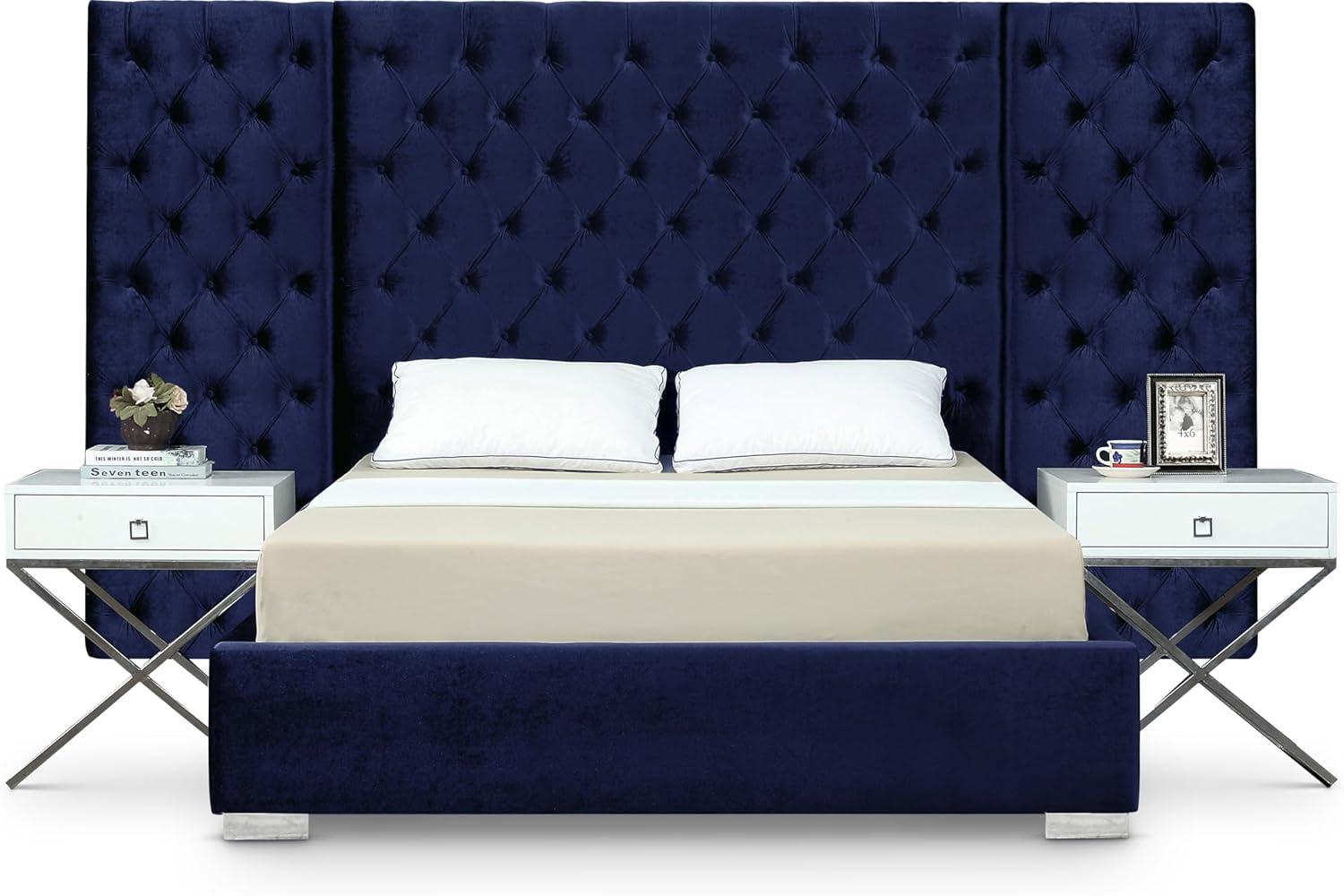 Grande Navy Velvet Queen Bed-Color:Navy Velvet,Style:Contemporary